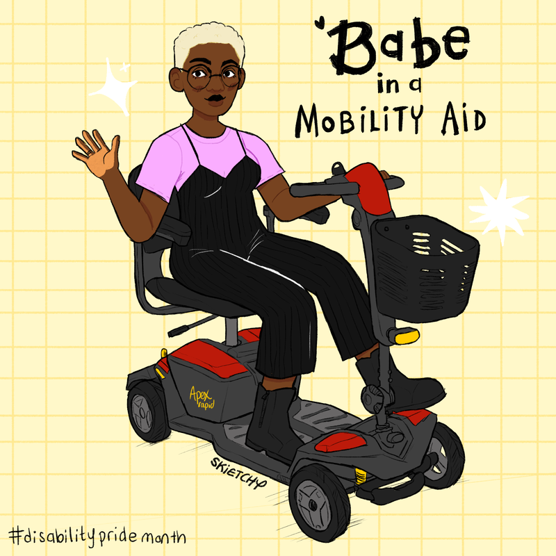 Self portrait illustration of Jaleel in purple top and black jumpsuit, seating in her mobility scooter. She is waving. Text written 