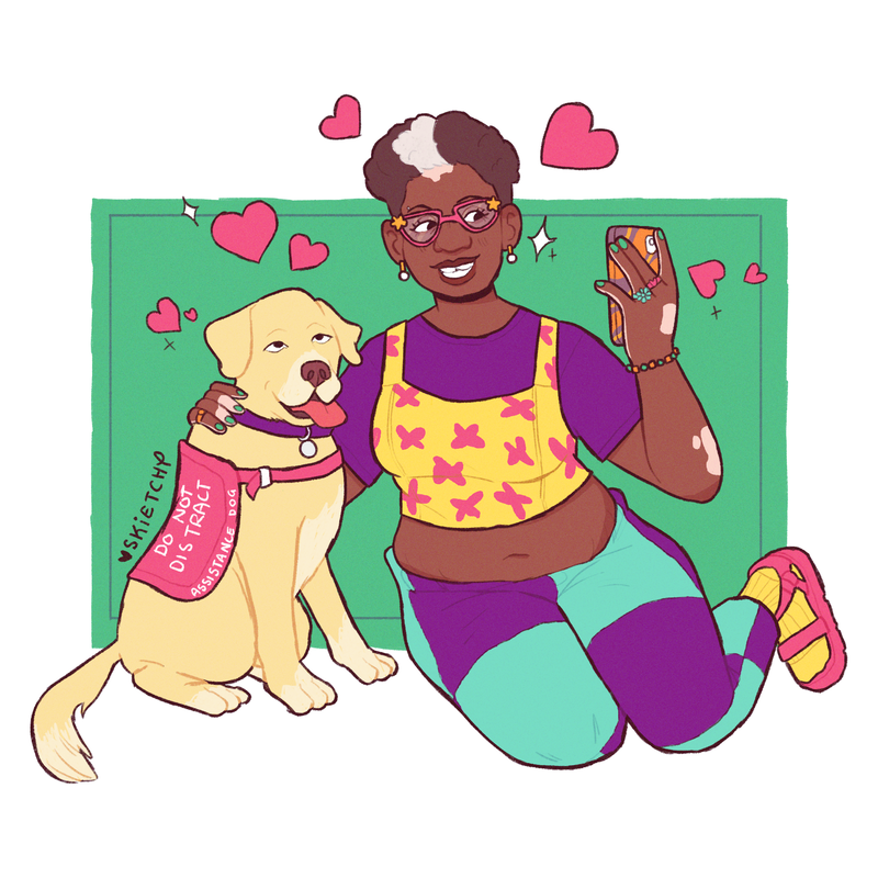 A digital illustration of a black woman sitting and taking a picture with her assistance dog. She is wearing a purple shirt under a yellow top and purple and green jeans, with yellow socks and purple sandals. The background features pink hearts around the pair on a green rectangle.