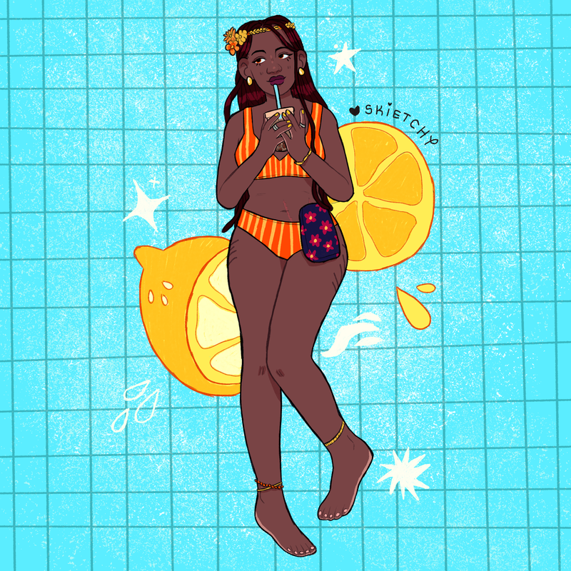 An illustration of a black woman in an orange swimsuit with a floral patterned stoma bag. The background is blue with lemons behind the woman. She is drinking bubble tea. 