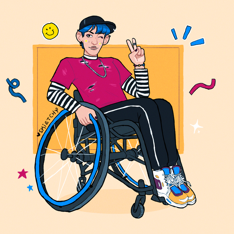 A digital illustration of Gabe, a white man in black and white striped t-shirt under a pink ripped top. He has blue hair and is wearing a black cap, black tracksuit bottoms and multi-coloured trainers. He is in a black sports wheelchair. The background is pale yellow.